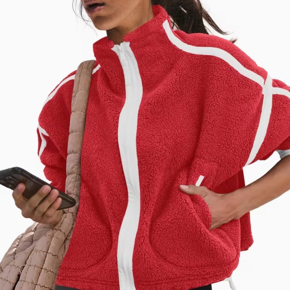 NEW ❤️❣️❤️Red Sherpa Zip-Up Jacket with White Trim